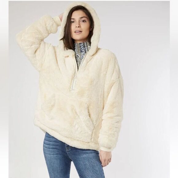 Free People Movement Off The Record Faux Fur Pullover Zip Hoodie in Beige M NWOT - Picture 16 of 16